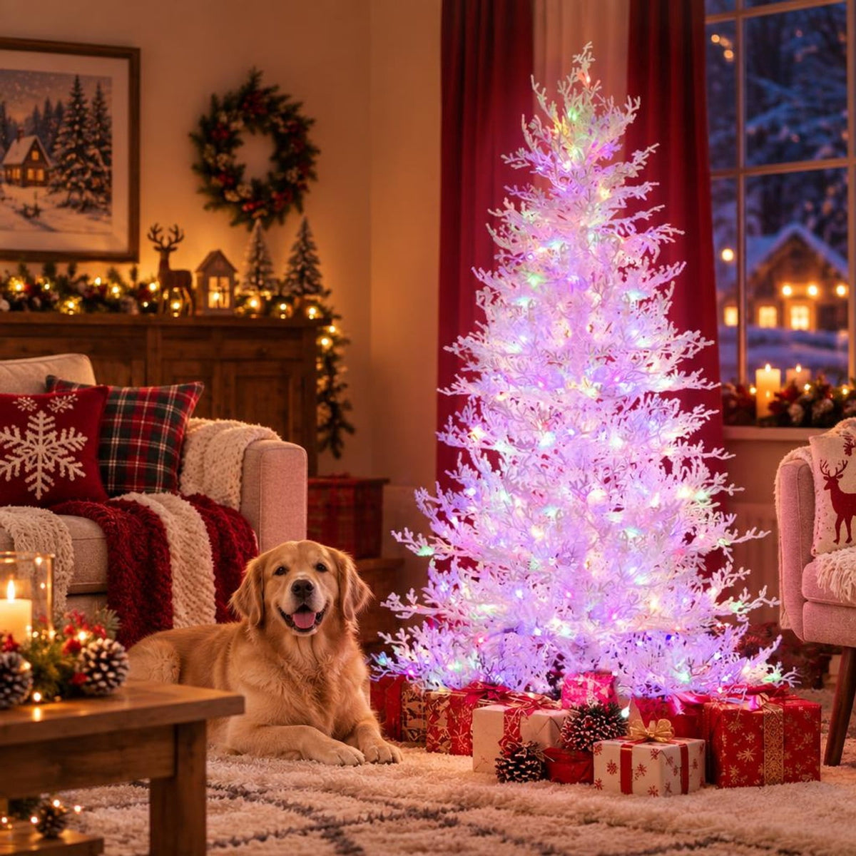 Airfind 6 Feet Artificial Xmas Tree with 383 PE Branch Tips and 300 LED Lights, PE flocking metal Tree height 6 ft Tree width 3.3 ft Frame, White