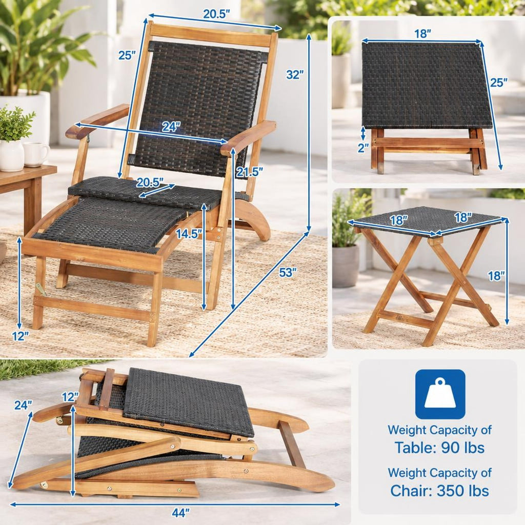 Airfind 2 Pieces Patio Rattan Folding Lounge Chair with Acacia Wood Table, Acacia Wood PE Rattan Steel Frame, 18 x 18 x 18 inch Footprint, Wood