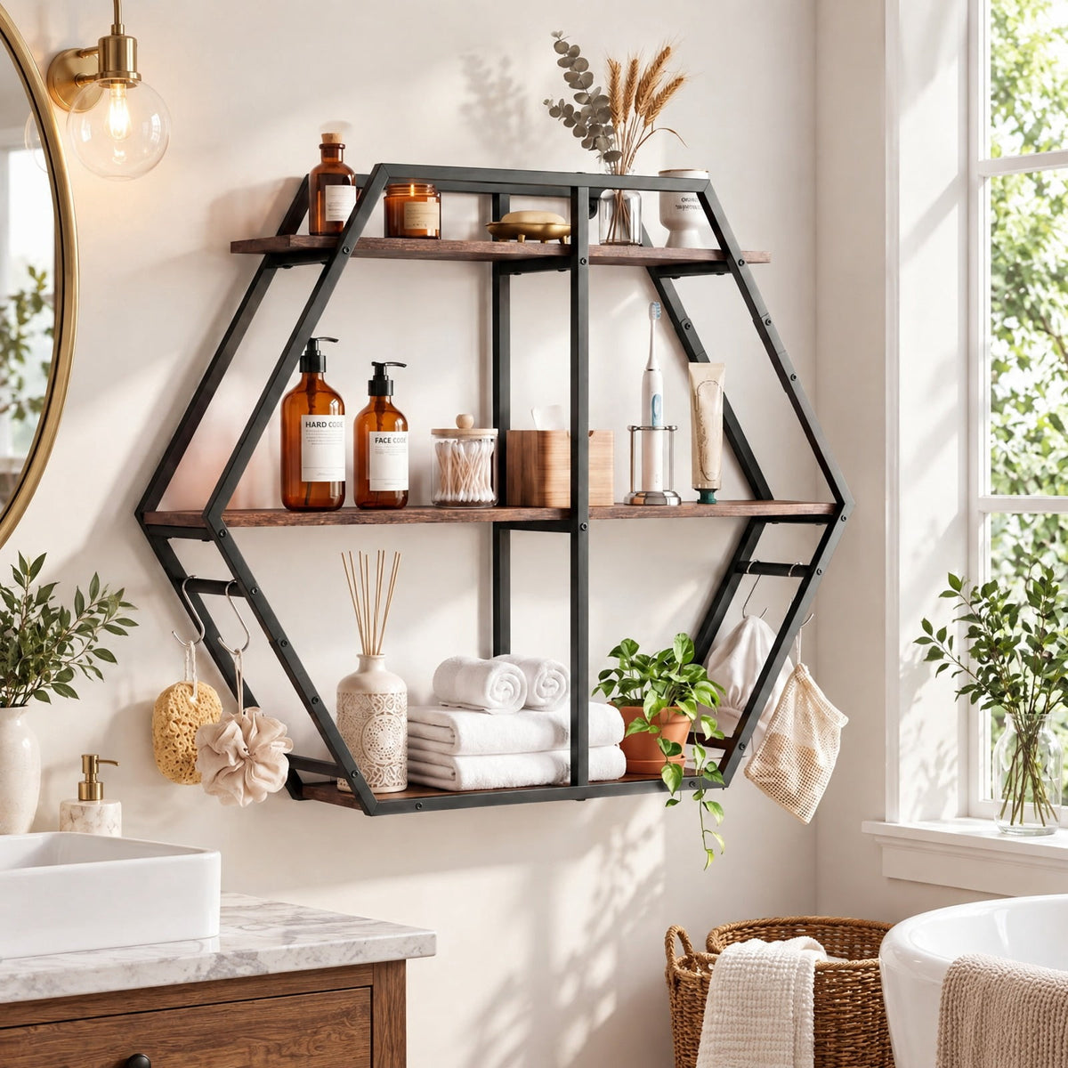 Airfind 3-Tier Geometric Bookcase with S-Shaped Hooks for Living Room, 80 lbs Capacity, Engineered Wood Metal Frame, Brown