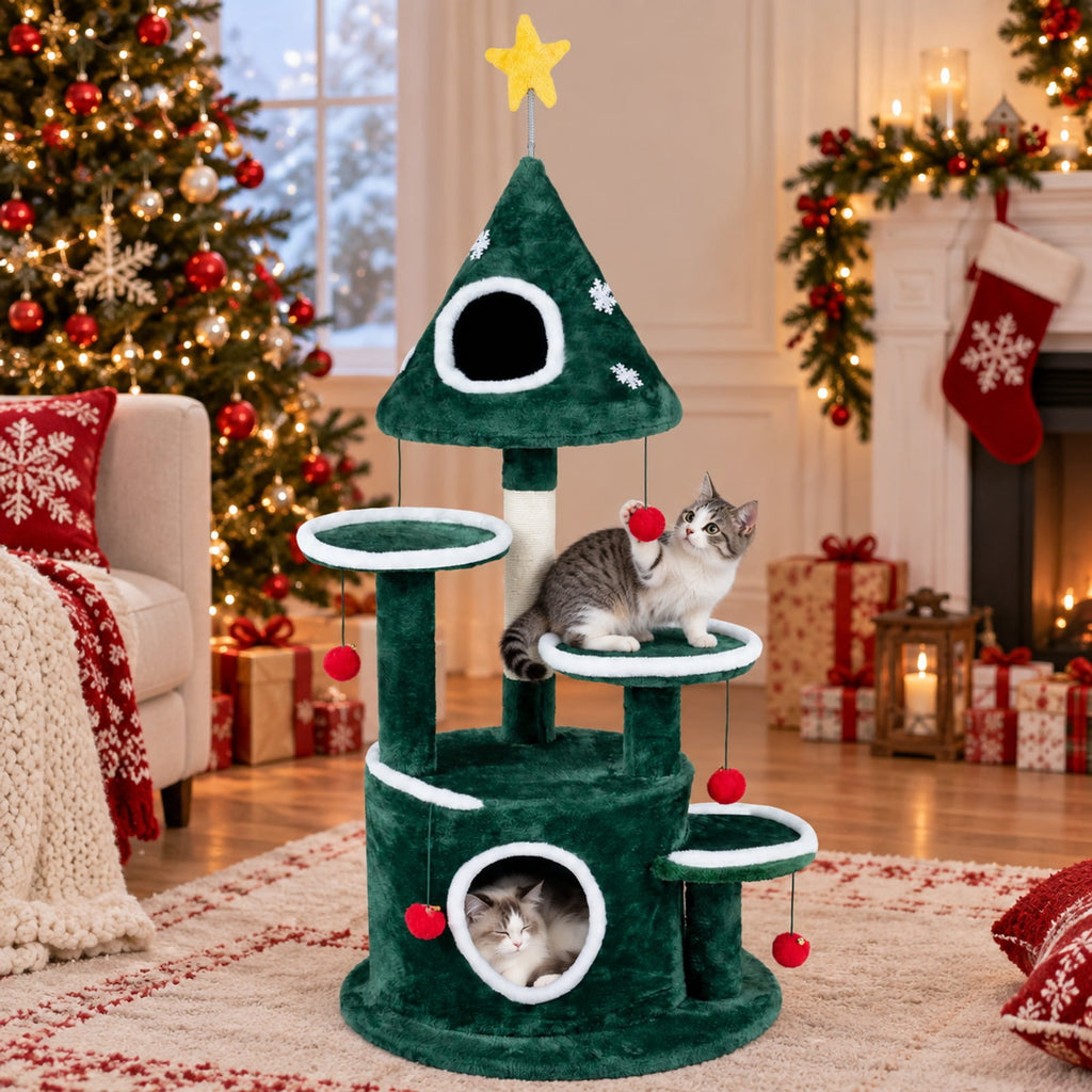 Airfind 50in Christmas Cat Tree with 2 Condos and Sisal Scratching Post, Green, Star-shaped spring toy for extra entertainment