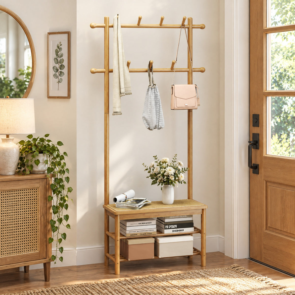 Airfind Bamboo Coat Rack PE Rattan Hall Tree with Bench and Shoe Storage 3-In-1 Entryway Bench, 11 Lbs Capacity, Bamboo PE Rattan, Natural