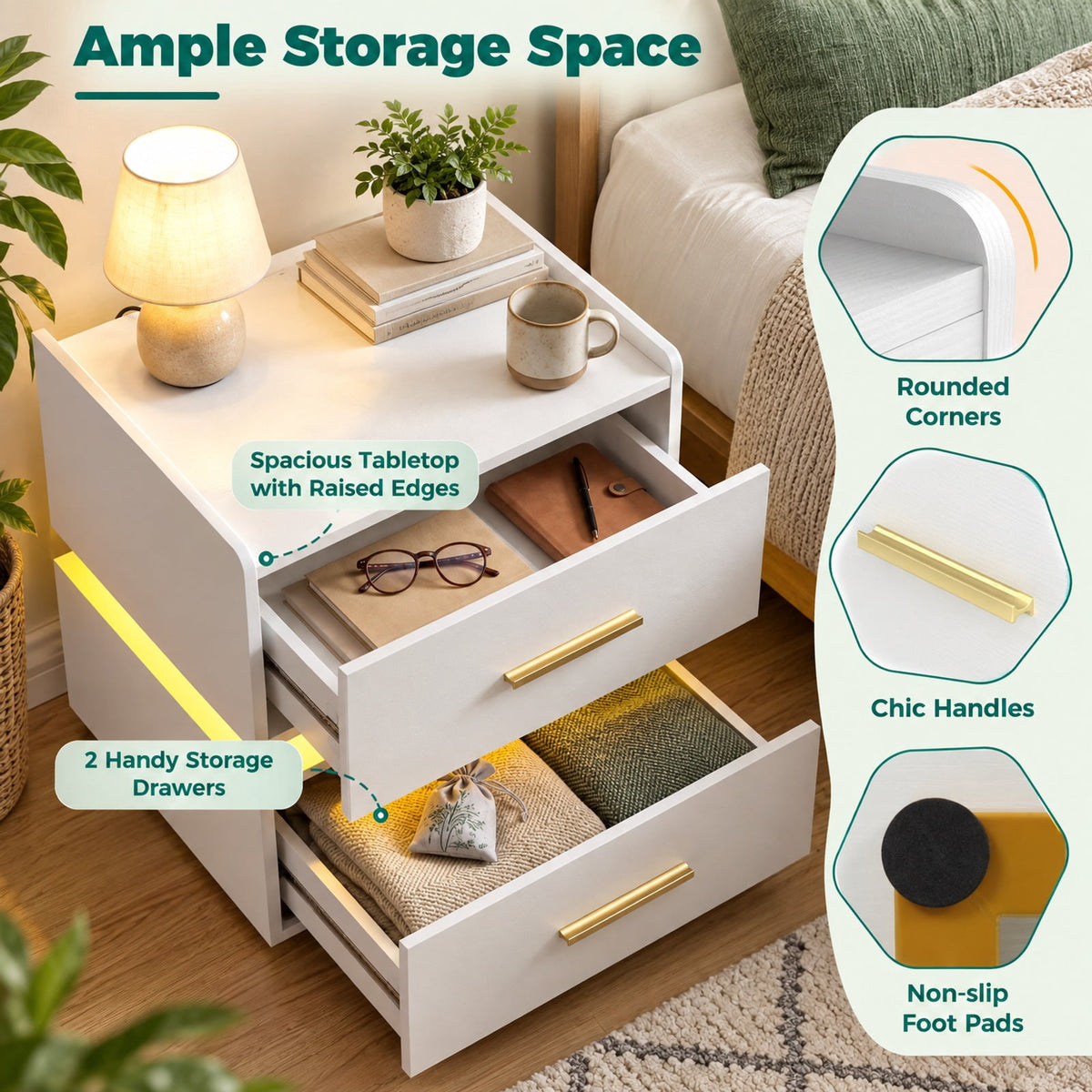 Airfind Nightstand with Charging Station LED Bedside Table with 2 Storage Drawers, 77 lbs Capacity, Engineered Wood MDF Metal Frame, White
