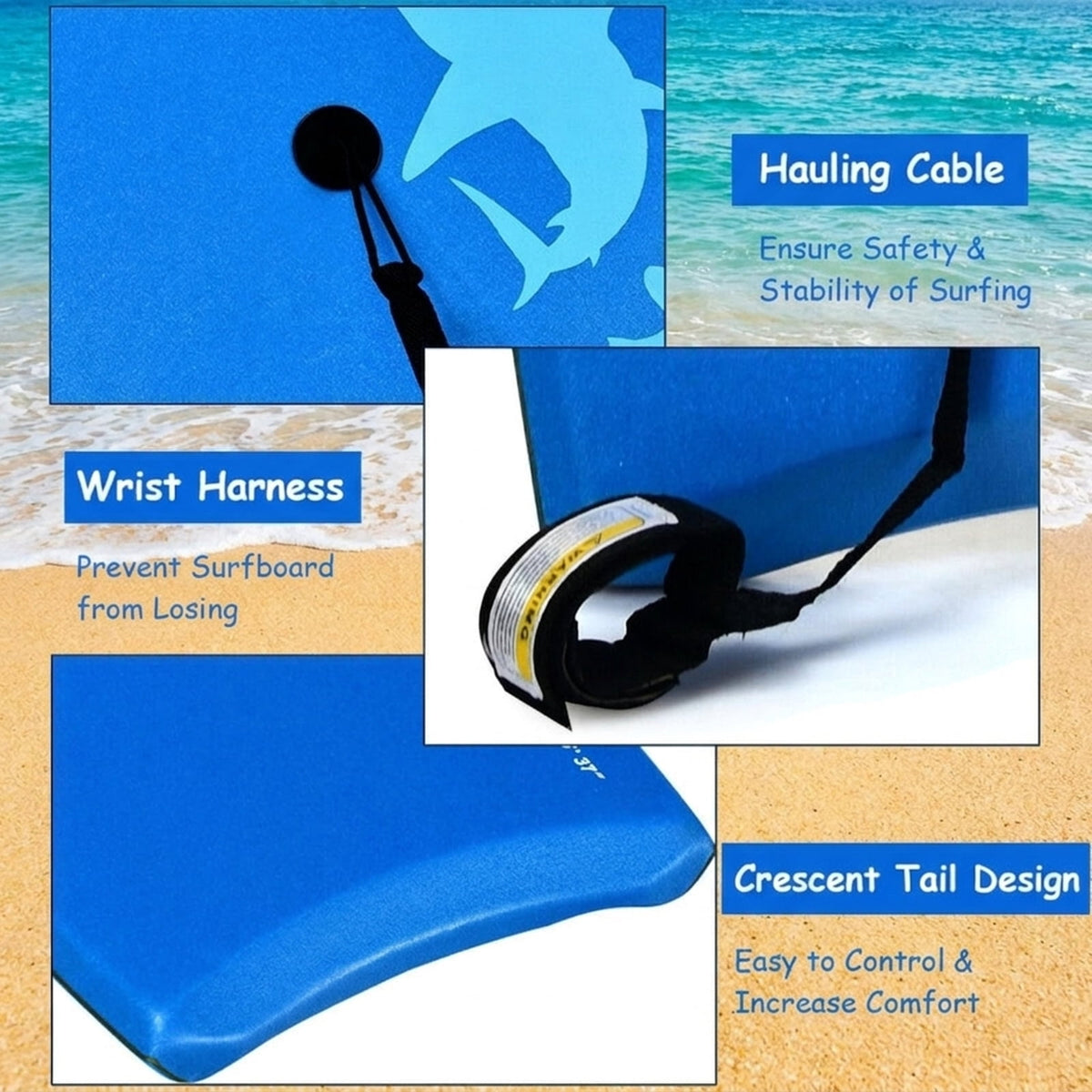 Airfind 37 Inch Lightweight Surf Bodyboard for Teens ¡ª XPE Deck, EPS Core, HDPE Slick Bottom, Crescent Tail, Coiled Wrist Leash (Blue)