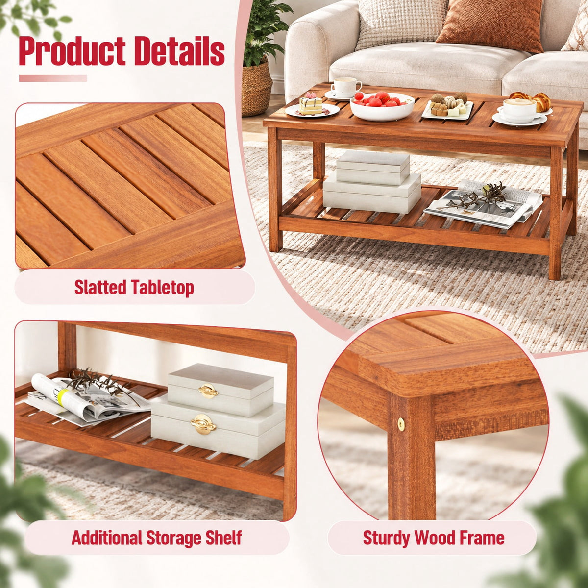 Airfind 2-Tier Patio Coffee Table with Slatted Tabletop and Shelf, 110 lbs Capacity, Hardwood Frame, 35.5 Inch x 18 Inch x 17.5 Inch Footprint, Natural