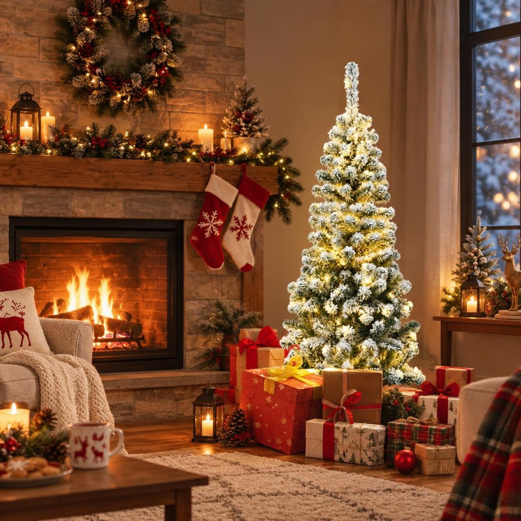 Airfind 4.5 Feet Pre-Lit Snow Flocked Pencil Christmas Tree with 150 LED Light, PVC metal Frame, Net weight 5.5 lbs Height: 4.5 ft Base: