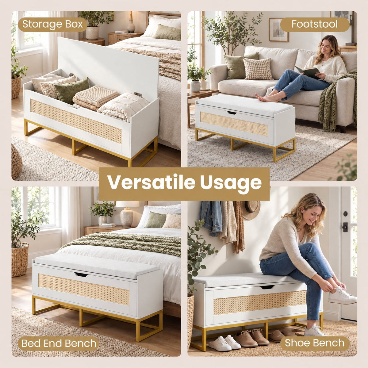 Airfind 39.5in Rattan Storage Chest Wicker Shoe Bench with Padded Seat Flip-Top, 440 lbs Capacity, Engineered Wood PE Rattan Metal Frame, White