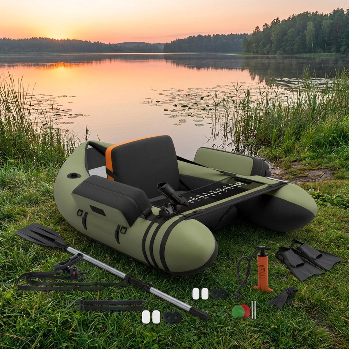 Airfind Inflatable Fishing Float Tube with foot pump and fish ruler plus mesh pockets and 350 lb heavy-duty PVC float seat for lake and pond bass fly fishing, Green