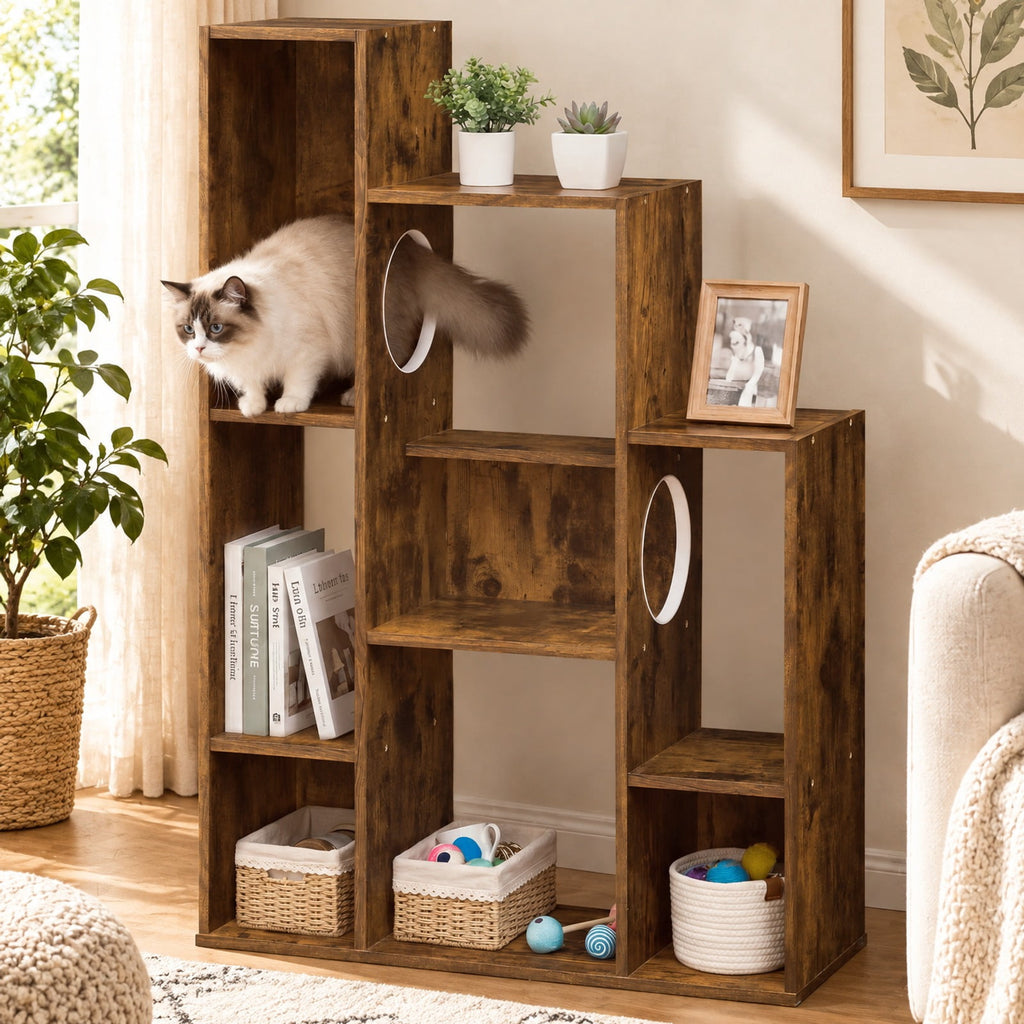 Airfind Modern Cat Bookshelf Cat Tree 8-Section Storage Cabinet with 2 Round Holes, 22 lbs Capacity, Engineered Wood Frame, Brown