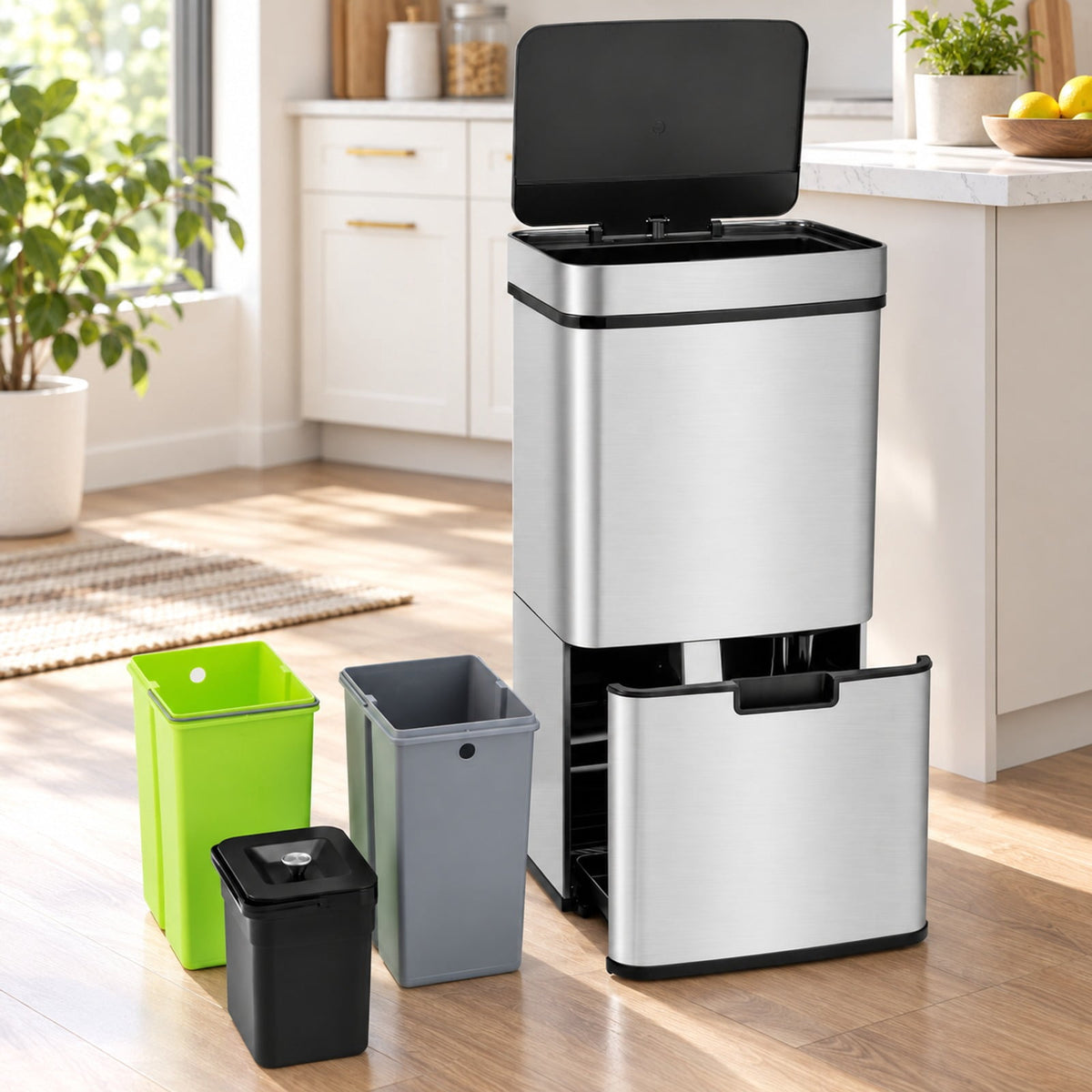 Airfind 19 Gal Stainless Steel Trash Can with Kitchen Waste Bin and 2 Bottom Recycling Bins, Stainless Steel ABS Frame, Silver