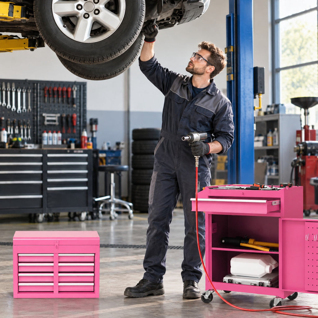 Airfind 2-in-1 Rolling Tool Chest with 5 Sliding Lockable Drawers, 220.5 lbs Capacity, Steel rubber-plastic synthetic Frame, Pink Main