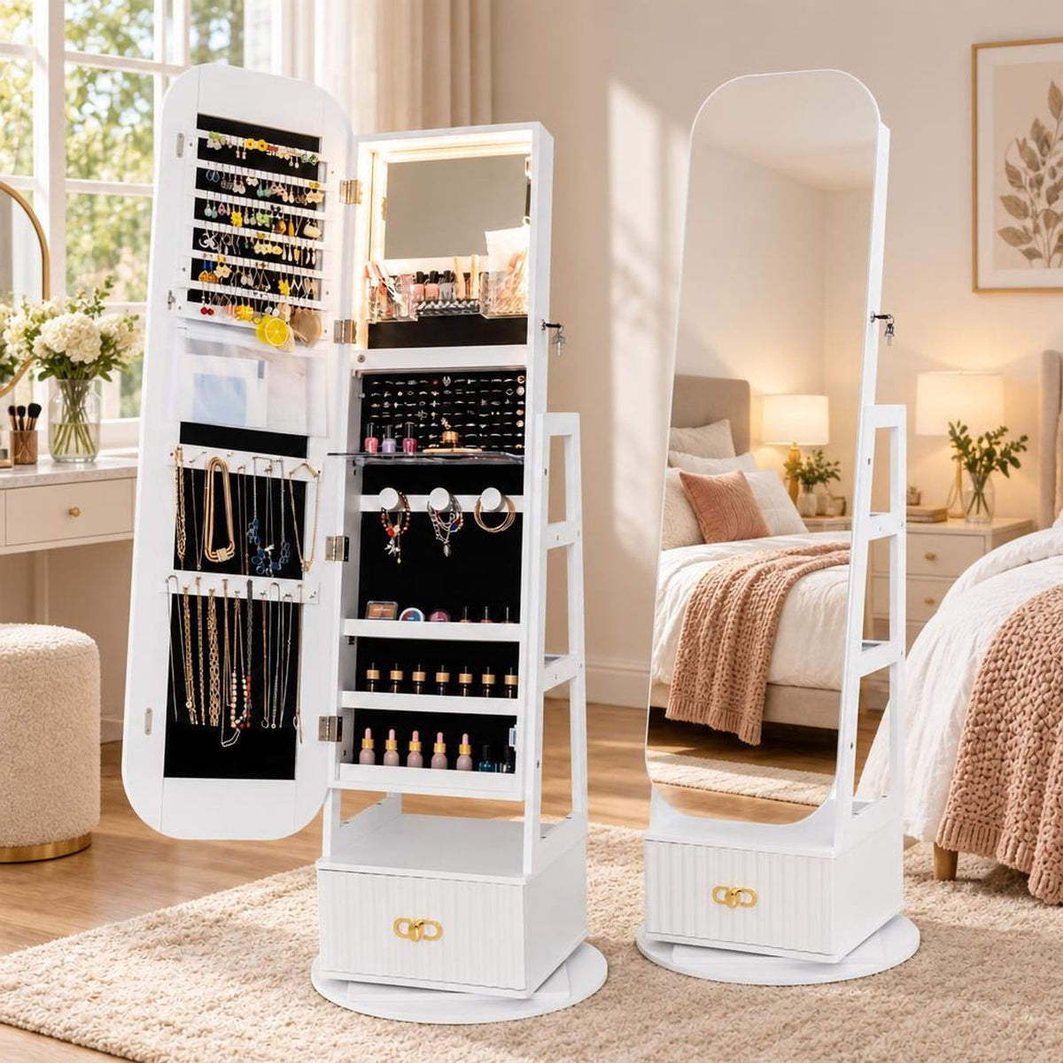 Airfind Swivel Jewelry Cabinet with Full-Length Mirror and LED Lights and Storage Shelves, Engineered Wood Frame, 22in x 22in x 65in Footprint, White