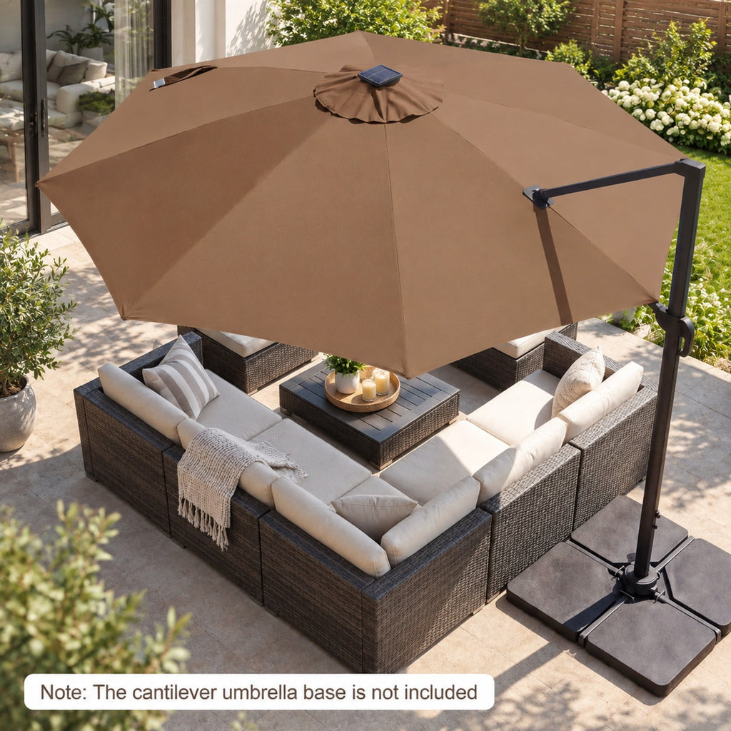Airfind 10 FT Cantilever Patio Umbrella with Solar LED Lights 360° Rotation, Polyester Fabric Aluminum Metal PC ABS Frame, Brown