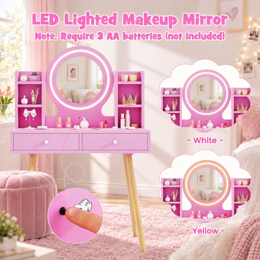 Airfind Youth Vanity Set featuring Lighted Mirror and Storage Drawers, 110 lbs Capacity, Engineered Wood Frame, for 3+ Years Old, Pink