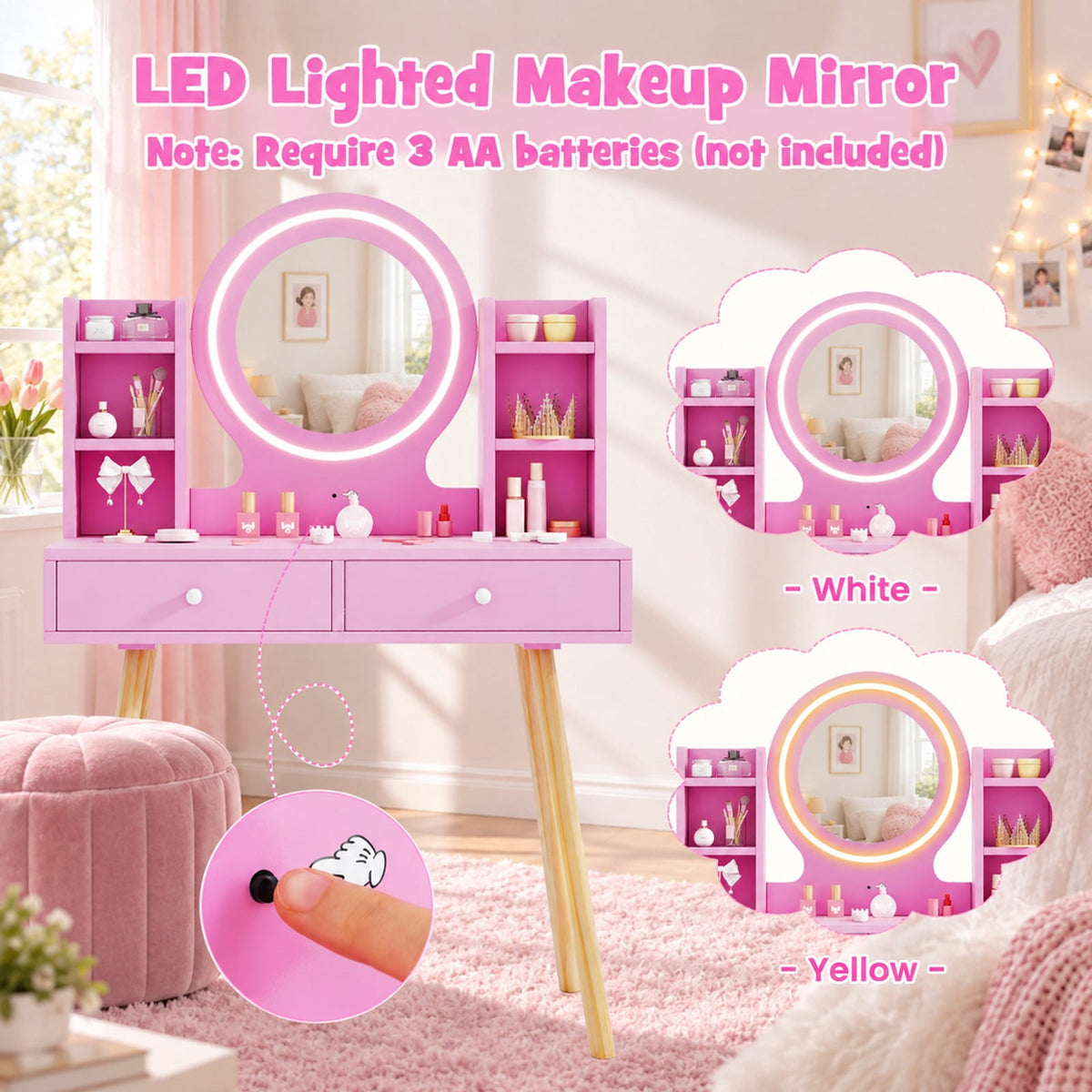 Airfind Youth Vanity Set featuring Lighted Mirror and Storage Drawers, 110 lbs Capacity, Engineered Wood Frame, for 3+ Years Old, Pink