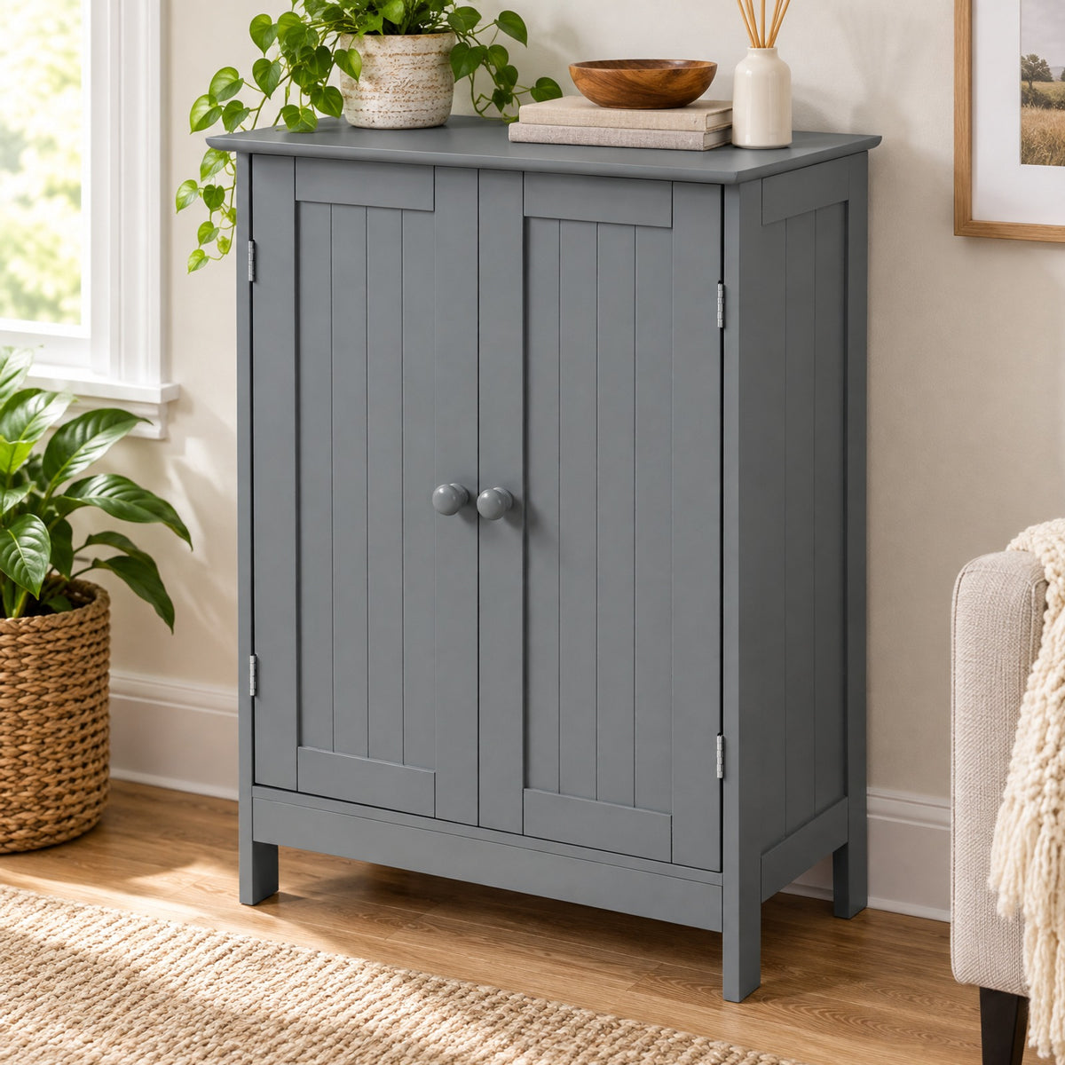 Airfind Bathroom Floor Storage Double Door Cupboard Cabinet, 22 lbs Capacity, MDF Frame, 24in x 14in x 34.5in Footprint, Gray