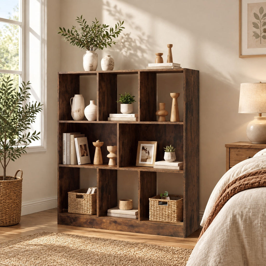 Airfind 8-Cube Bookcase 3-Tier with 2-Sized Compartments and Anti-Tip Kits for Living Room, 88 lbs Capacity, 35.5 x 11 x 39.5 Footprint, Brown