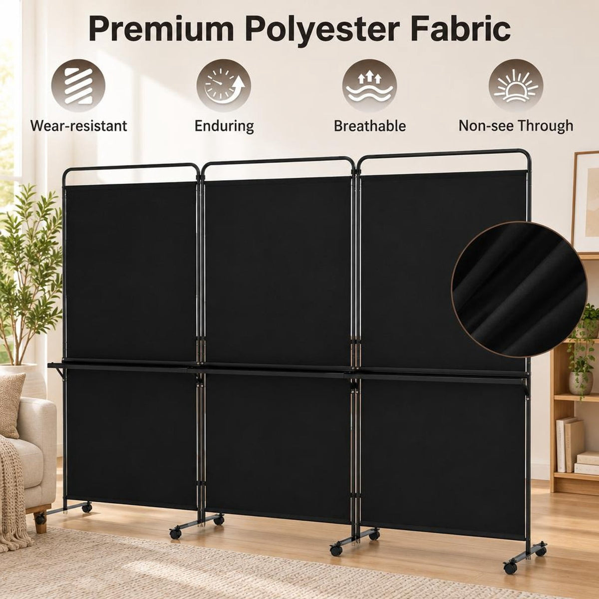 Airfind 3-Panel Room Divider with Shelves 6 FT Tall Folding Privacy Screen with Lockable Wheels, Polyester Fabric Metal Frame, Black