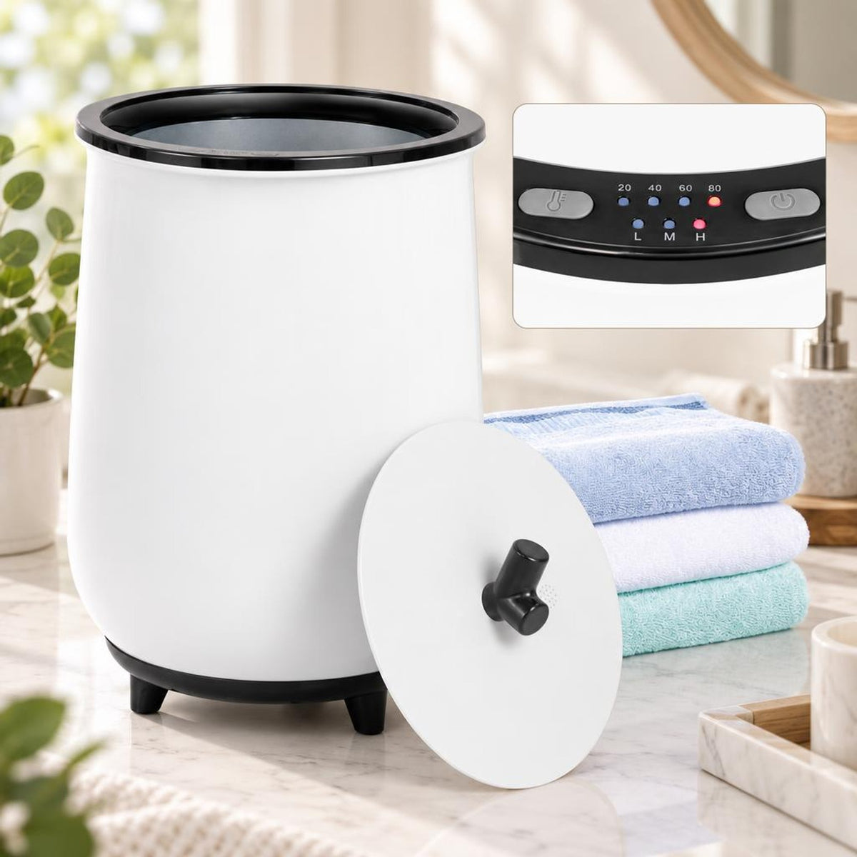 Airfind 23L Large Luxury Bucket-Style Towel Warmer with Fragrant Disc Holder, Plastic Frame, 13.5in x 21in (Dia. x H) Rated Footprint, Black