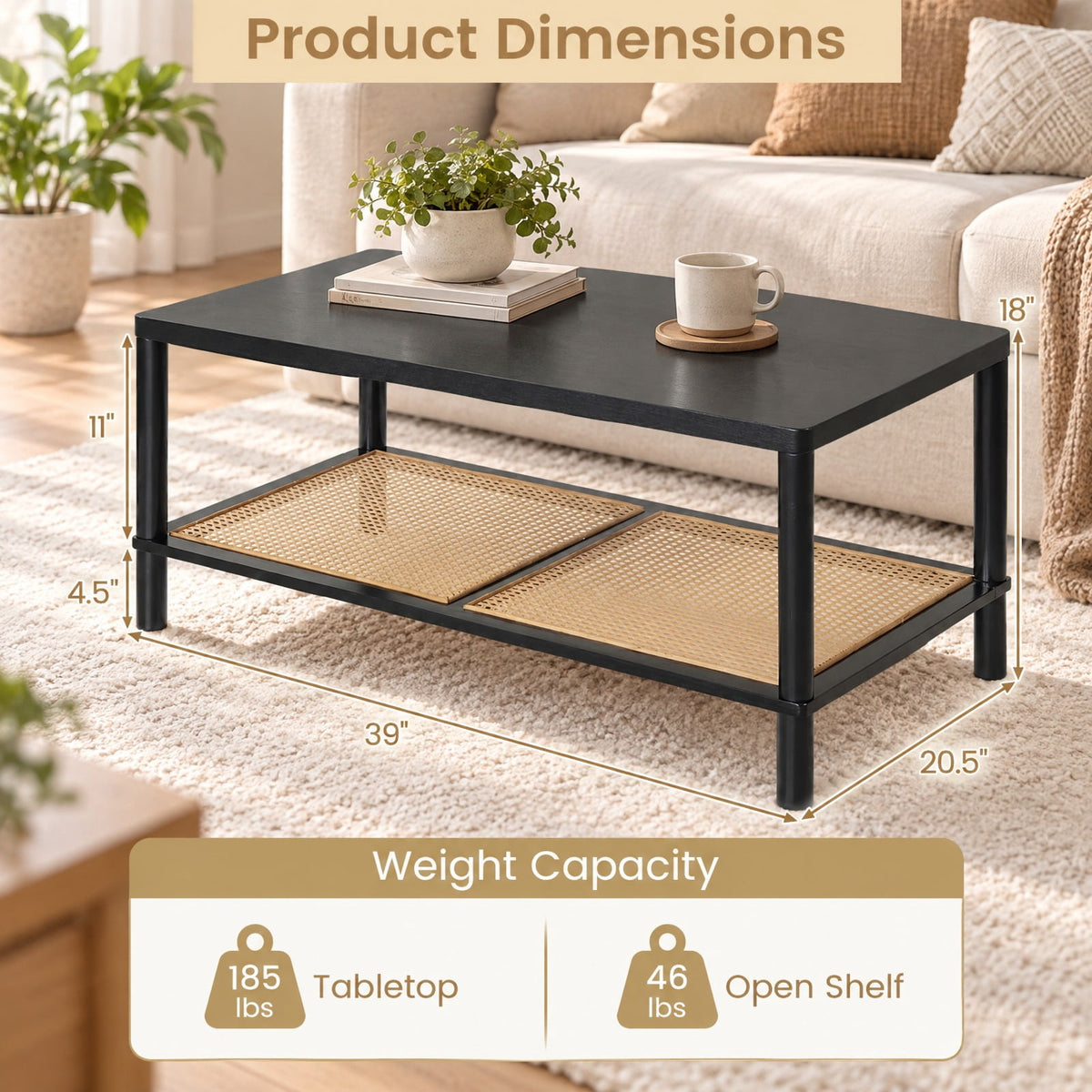 Airfind 2-Tier Boho Coffee Table for Living Room Rectangular Center Table with Rubber Wood Frame and PVC Rattan Storage Shelf, 185 lbs Capacity