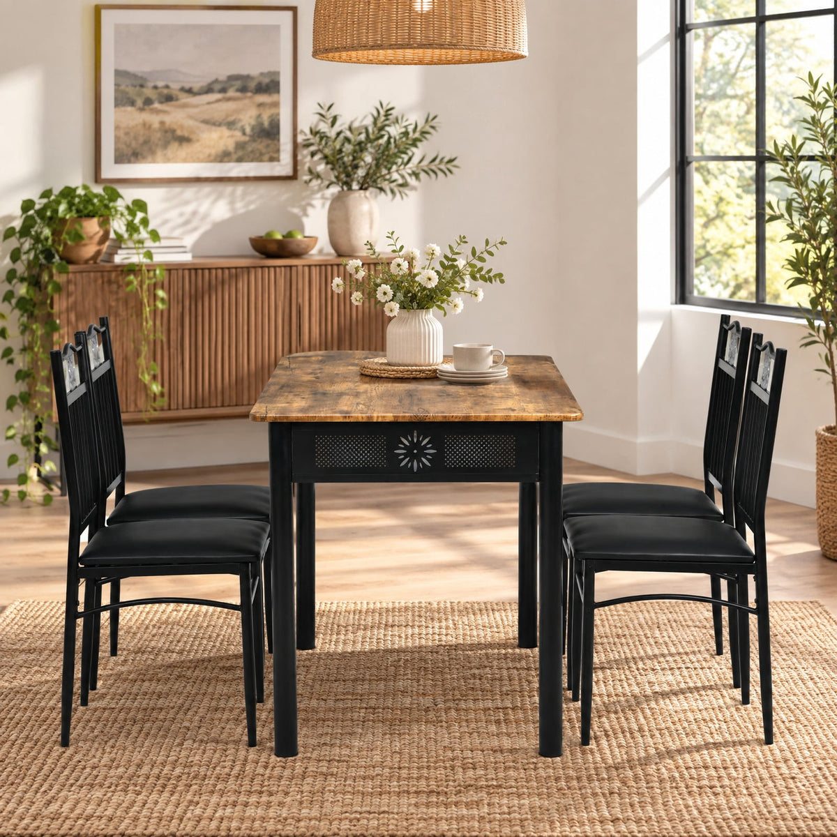 Airfind 5 Pcs Dining Set Wood Metal Table and 4 Chairs with Cushions, 132 lbs Capacity, Steel tube and MDF Frame, Black