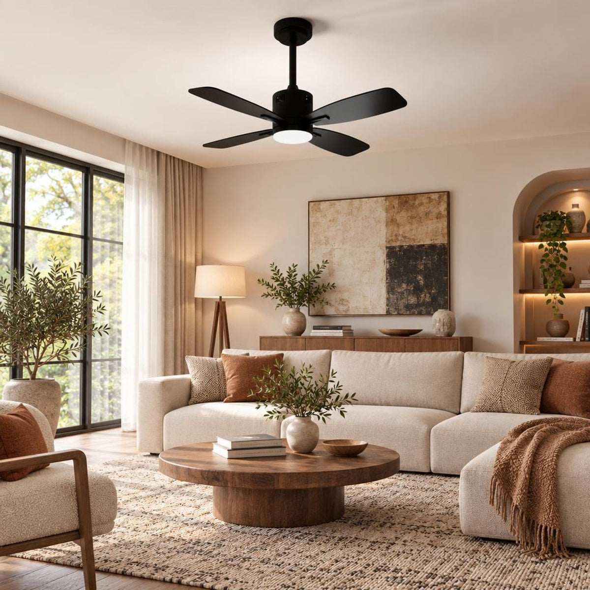 Airfind 42inch Ceiling Fan with Light and Remote 3CCT LED with Memory 4H Timer 6 Speeds, Metal Plywood PC Frame, Black
