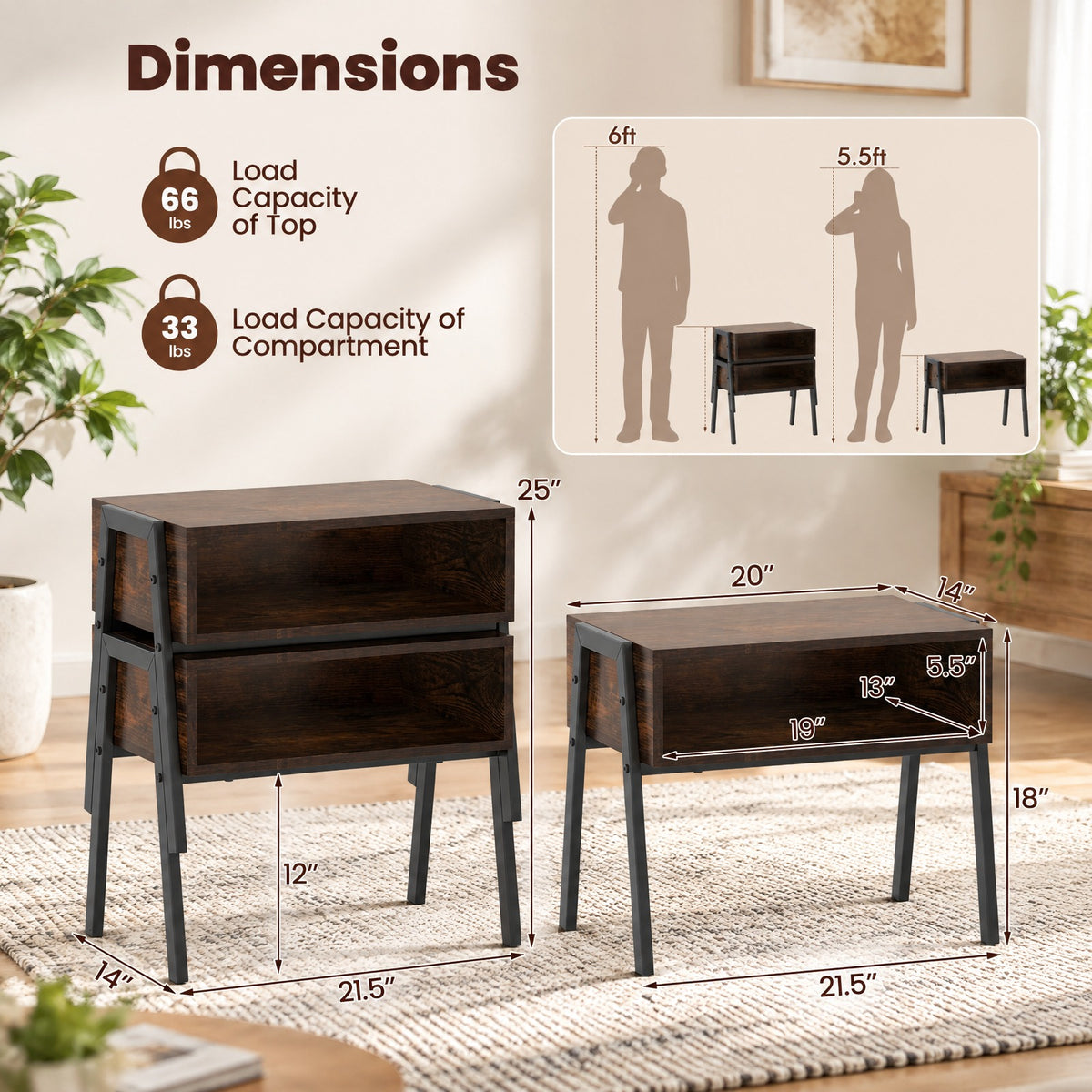 Airfind 2 Pieces Stackable Night Stand Bedside End Table Set, 66 lbs Capacity, Steel Frame, 21 x 14 x 18 Footprint, Brown