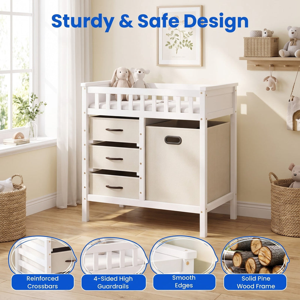 Airfind Wooden Baby Changing Table Diaper Changing Station with 3 Fabric Storage Drawers, 30 lbs Capacity, Engineered Wood Pine PEVA Foam Frame