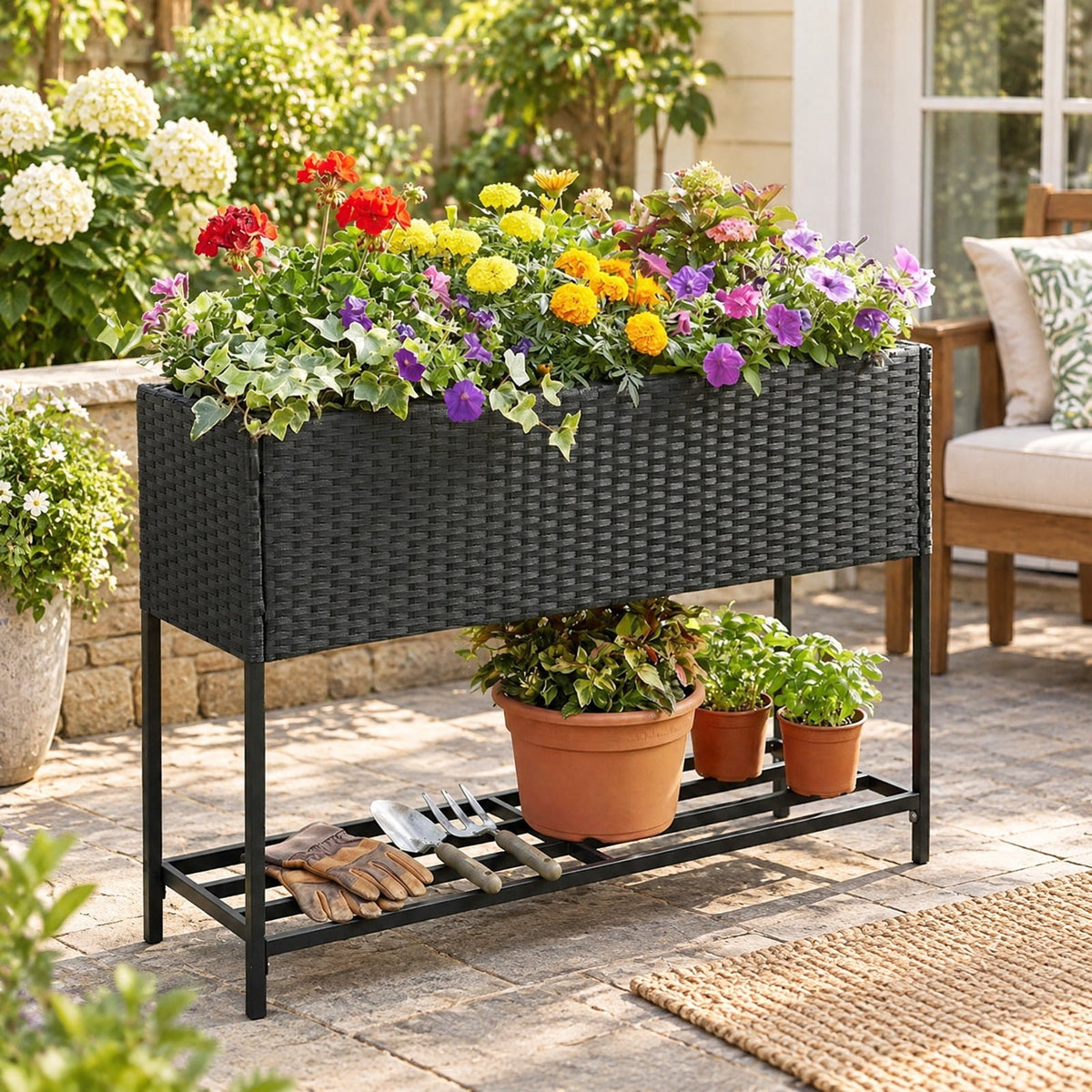 Airfind Raised Wicker Garden Bed with Storage Shelf and Removable Liner, 132 lbs Shelf Capacity, Metal Frame, 40 x 12 x 28 Planter Footprint
