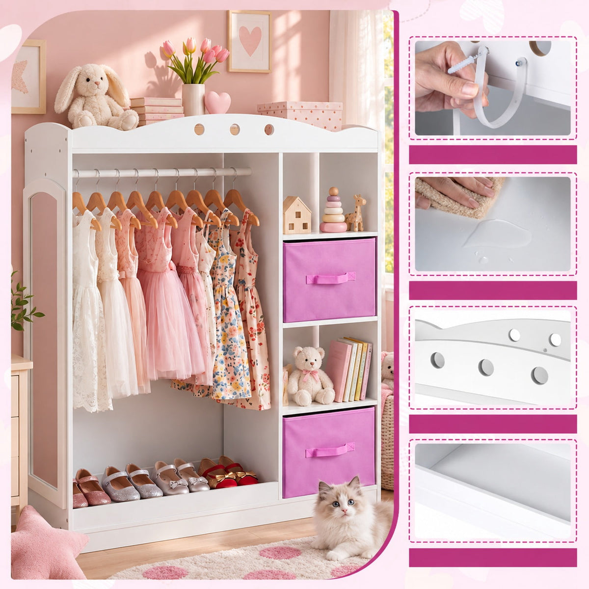 Airfind Kids Dress Up Storage with Full Length Mirror and Open Shelves, Engineered Wood Frame, for 3+ Years Old, 35.5in x 12in x 44in Footprint, White