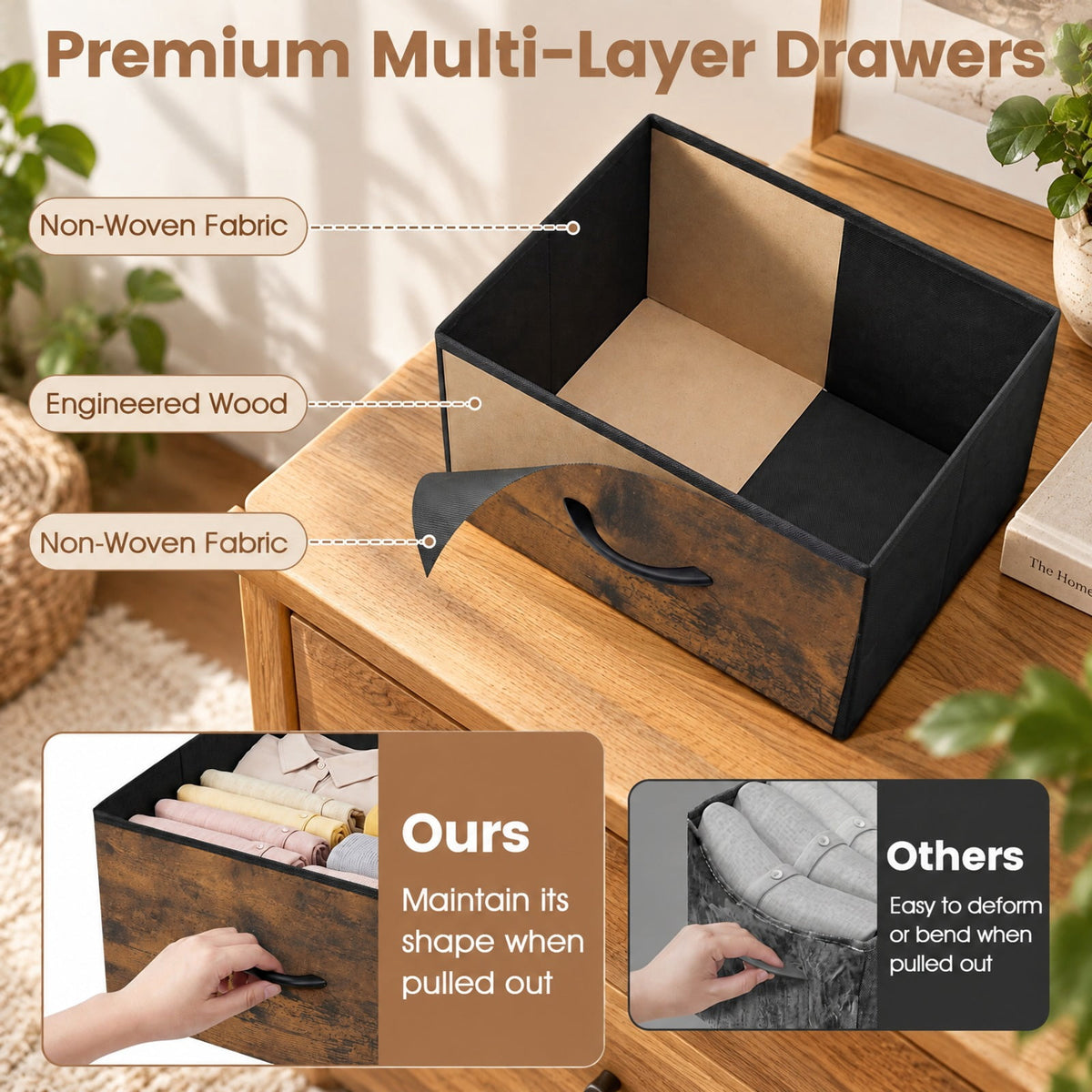 Airfind Dresser Nightstand with 5 Roomy Fabric Drawers for Bedroom, 130 lbs Capacity, Metal Engineered Wood Non-Woven Fabric Frame, Brown