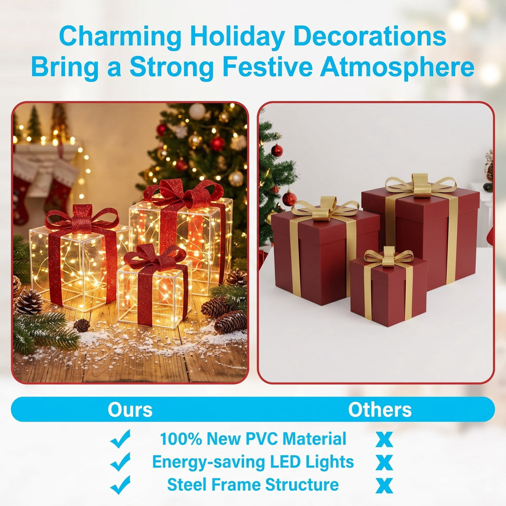 Airfind 3 Pieces Christmas Lighted Gift Boxes Decorations with 60 LED Lights for Indoor and Outdoor, PVC Steel fabric Frame, As picture shows