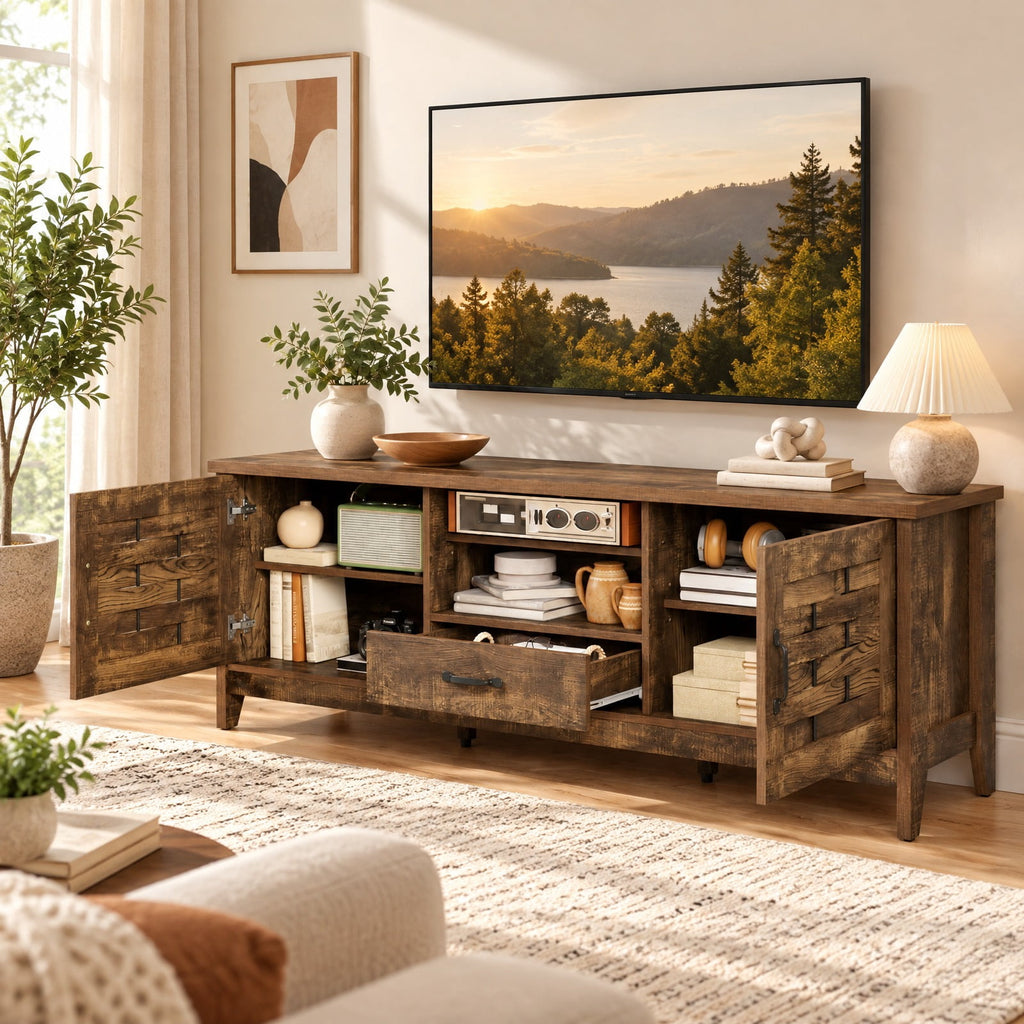 Airfind TV Stand, Farmhouse, for 65 Inch TVs with 2 Woven Accent Doors and 3 Adjustable Shelves, 110 lbs Capacity, Engineered Wood MDF Frame, Brown