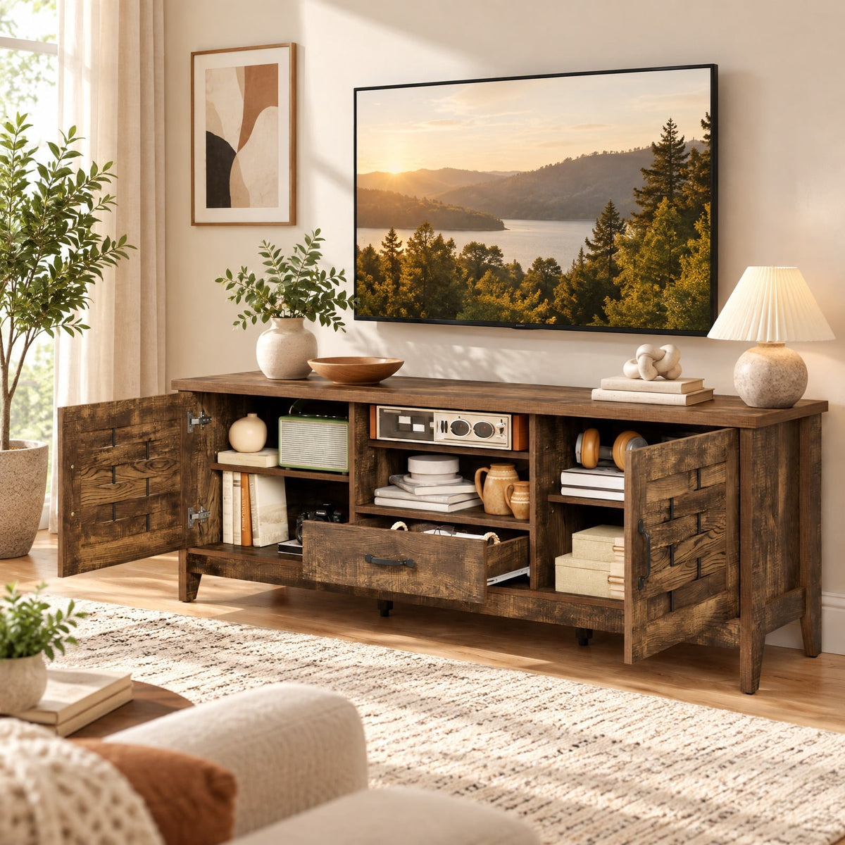 Airfind TV Stand, Farmhouse, for 65 Inch TVs with 2 Woven Accent Doors and 3 Adjustable Shelves, 110 lbs Capacity, Engineered Wood MDF Frame, Brown