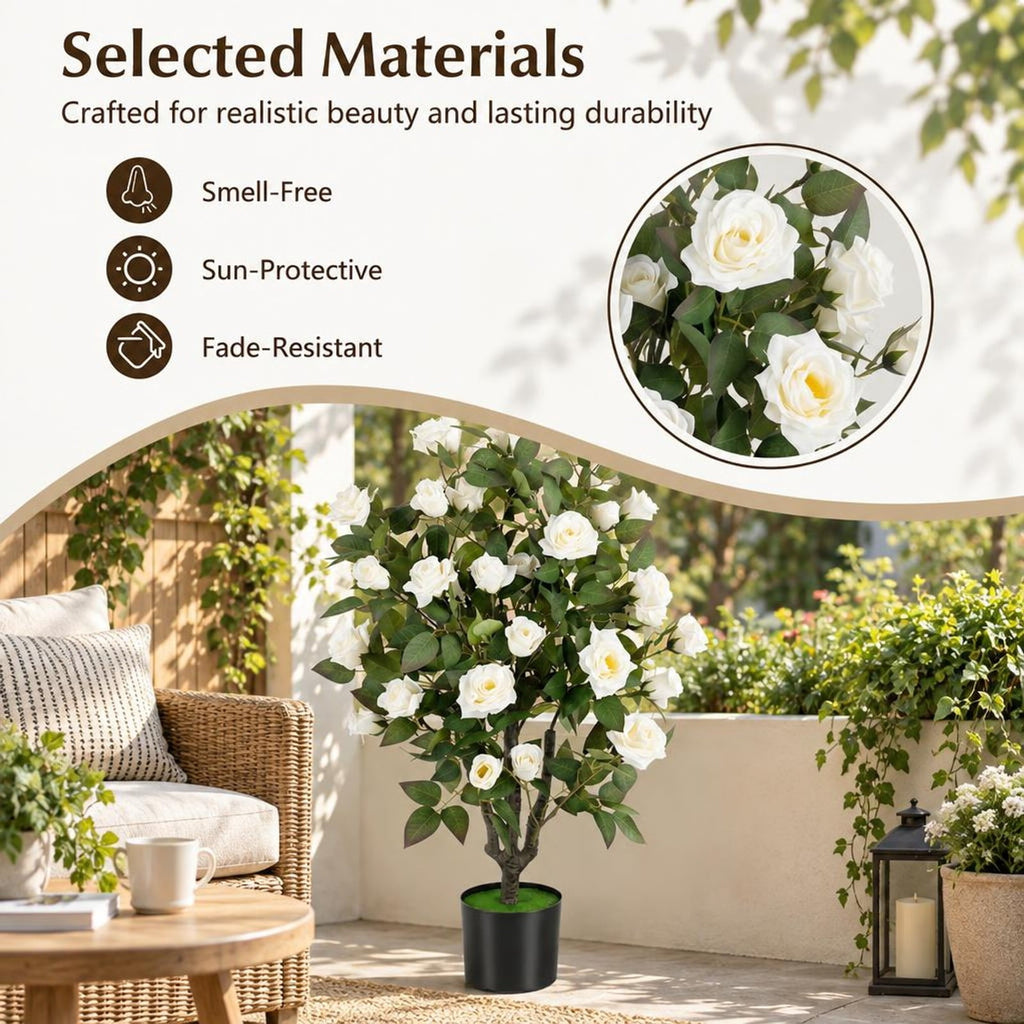 Airfind Artificial Rose Tree, 35.5 Inch, with Blooming Flowers and Leaves for Indoor, Silk Fabric Rubberized Fabric PE PP Tree Height 35.5 Inch Frame, White