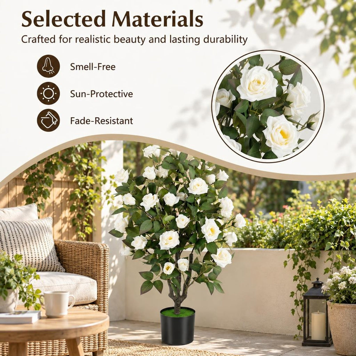 Airfind Artificial Rose Tree, 35.5 Inch, with Blooming Flowers and Leaves for Indoor, Silk Fabric Rubberized Fabric PE PP Tree Height 35.5 Inch Frame, White