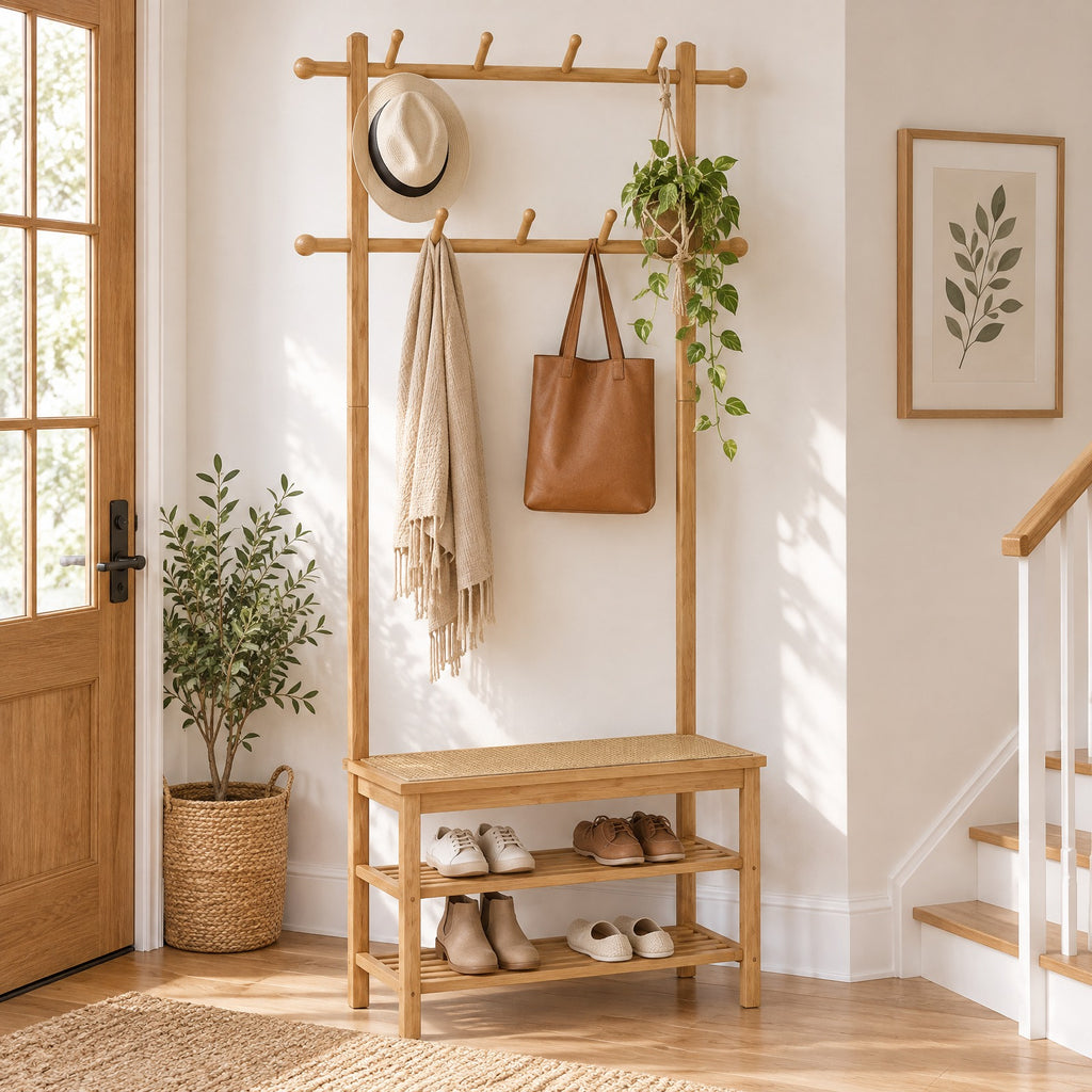 Airfind Bamboo Coat Rack PE Rattan Hall Tree with Bench and Shoe Storage 3-In-1 Entryway Bench, 11 Lbs Capacity, Bamboo PE Rattan, Natural