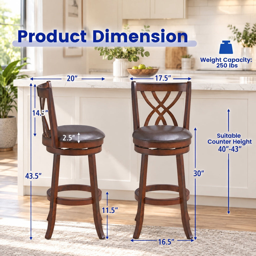 Airfind 360° Swivel Counter Height Chairs with PU Leather Cushioned Seat and Footrests-30 inches, 250 lbs Capacity, Brown