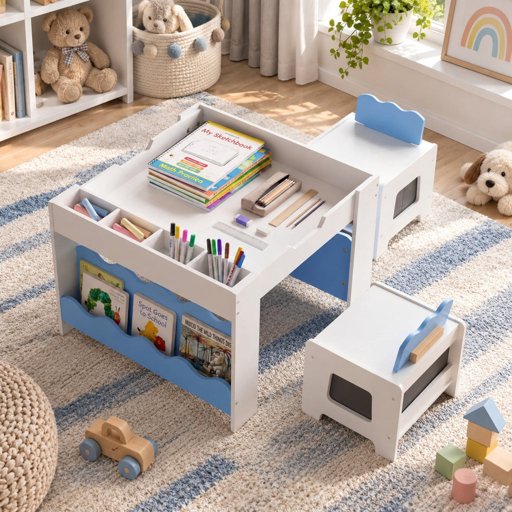 Airfind Multi-purpose Activity Kids Table and Chairs Set with Double-sided Tabletop, 55 lbs Capacity, MDF Frame, 26 Inch x 25 Inch x 19 Inch Footprint, Blue