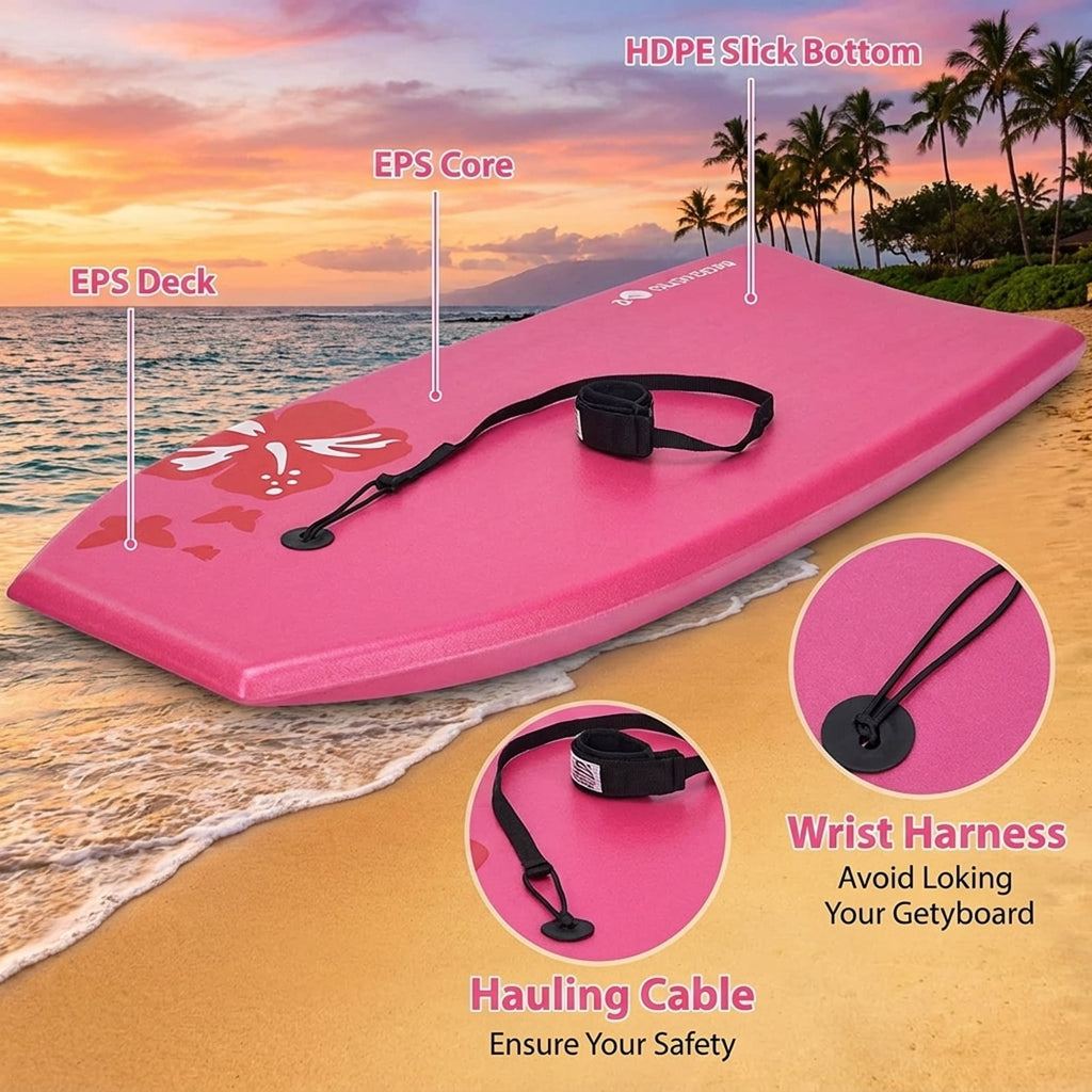 Airfind 41 Inch IXPE Bodyboard for Adults ¡ª Cool-Touch Deck, EPS Core, HDPE Slick Bottom, Crescent Tail, Coiled Wrist Leash Included (Pink)