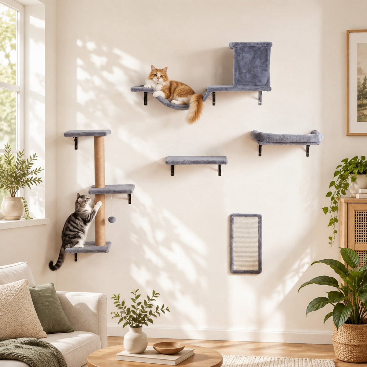 Airfind 5-in-1 Cat Wall Shelves with Condo Bridge Perch Platform Scratching Post and Board for Indoor, 22 lbs Capacity, Gray