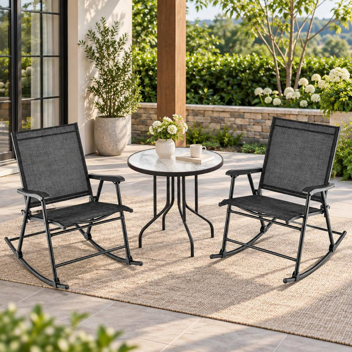 Airfind Folding Rocking Chair with Breathable Seat Fabric Set of 2, 330 lbs Capacity, Fabric Metal Frame, 32.5 x 25 x 36 Footprint, Black