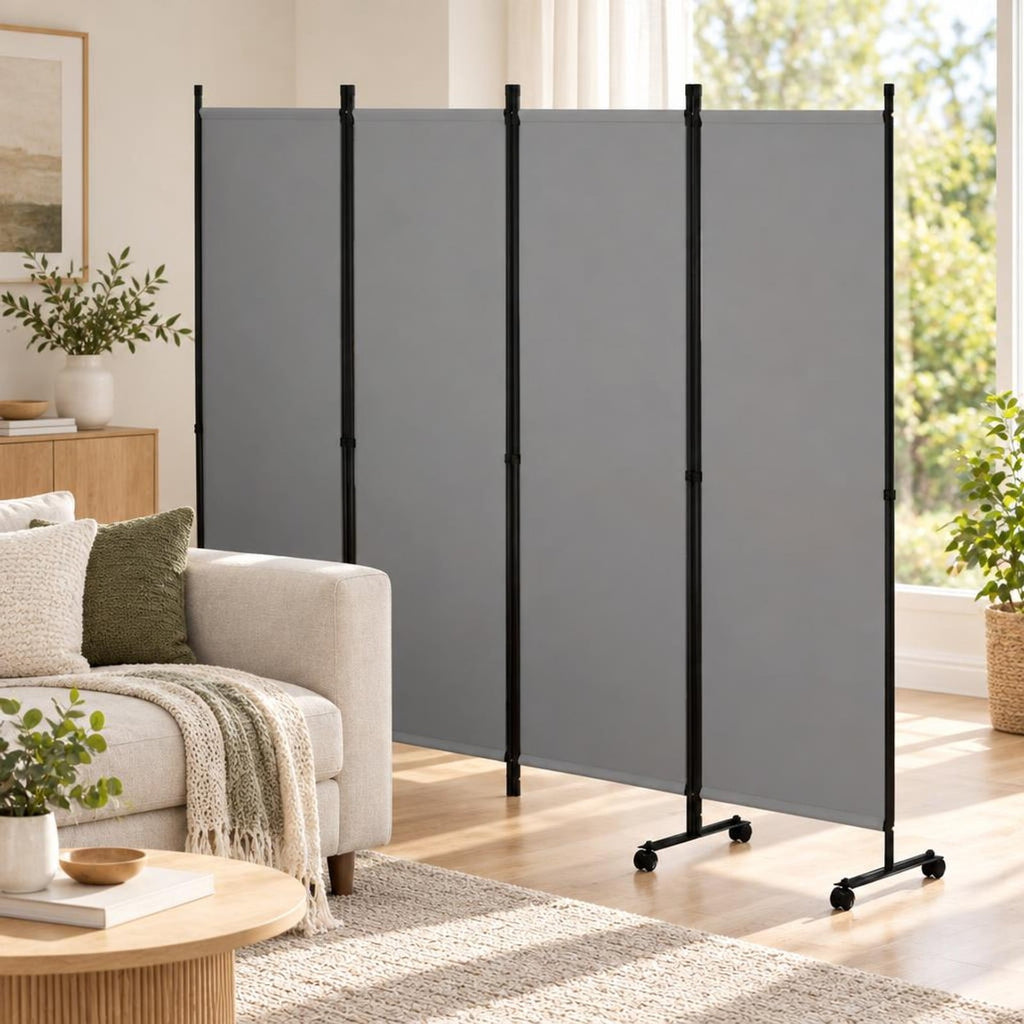 Airfind 4-Panel Room Divider with Lockable Wheels for Living Room, Polyester Fabric Metal Frame, 87in x 14in x 68in Footprint, Gray