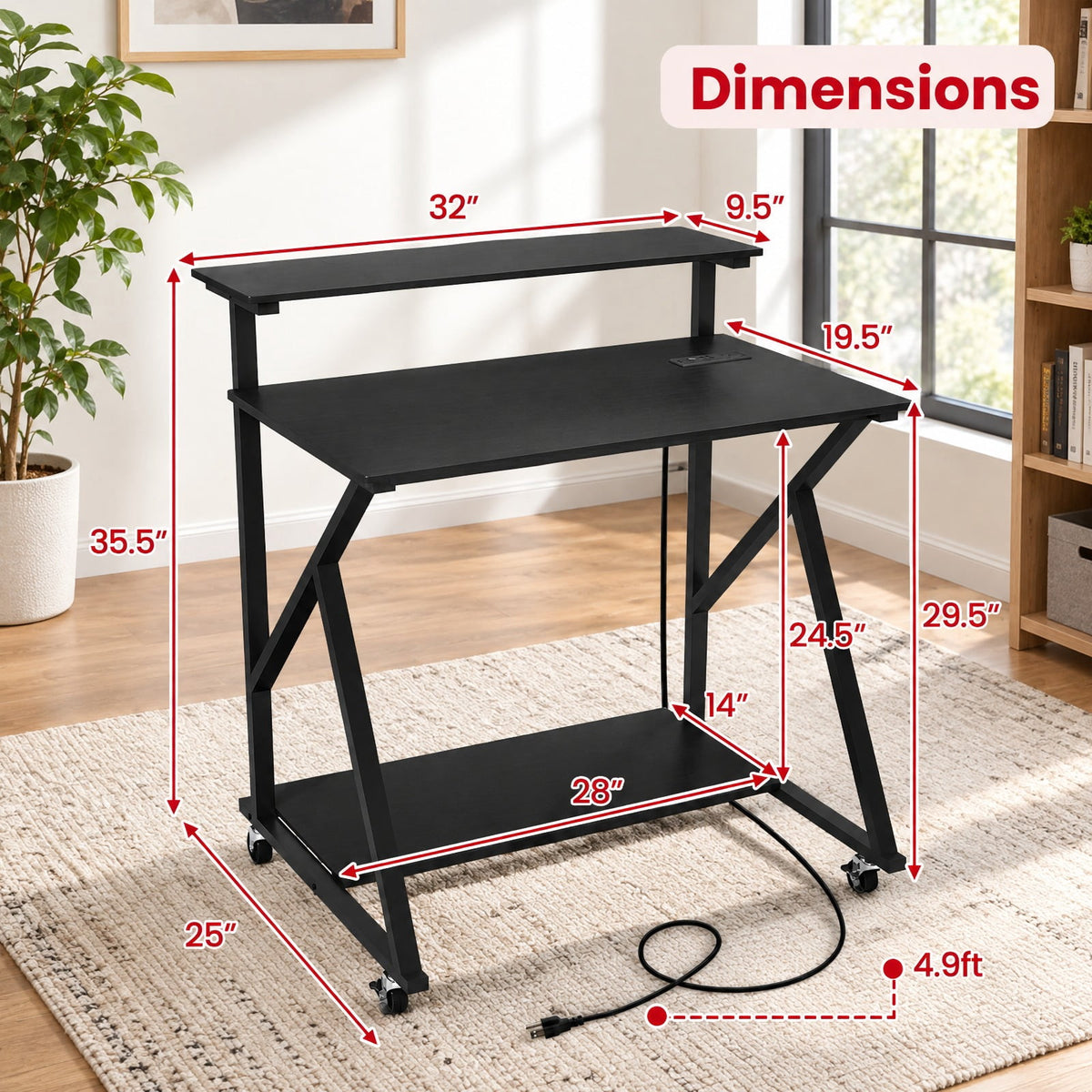 Airfind 32 Inch Rolling Computer Desk for Small Spaces with Power Outlets, 155 lbs Capacity, Engineered Wood Metal Frame, Black