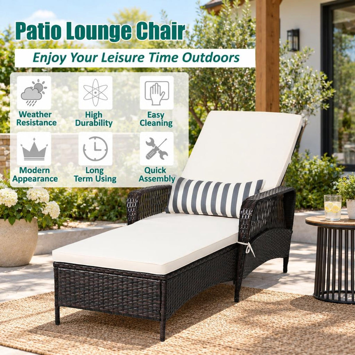 Airfind PE Rattan Chaise Lounge Chair Arm Chair Recliner Adjustable with Pillow, 400 lbs Capacity, Steel PE wicker rattan fabric foam Frame