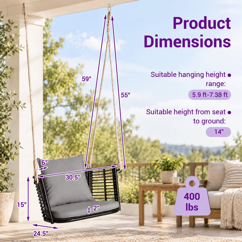 Airfind Single Person Hanging Seat with Woven Rattan Backrest for Backyard, 400 lbs Capacity, 30.5 x 24.5 x 15 Suitable Hanging Footprint, Gray