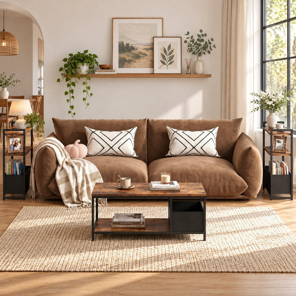 Airfind Narrow End Table with Storage Shelves and Metal Frame, 25 lbs Capacity, Engineered Wood Metal Fabric Frame, 19 x 8 x 25.5 Footprint