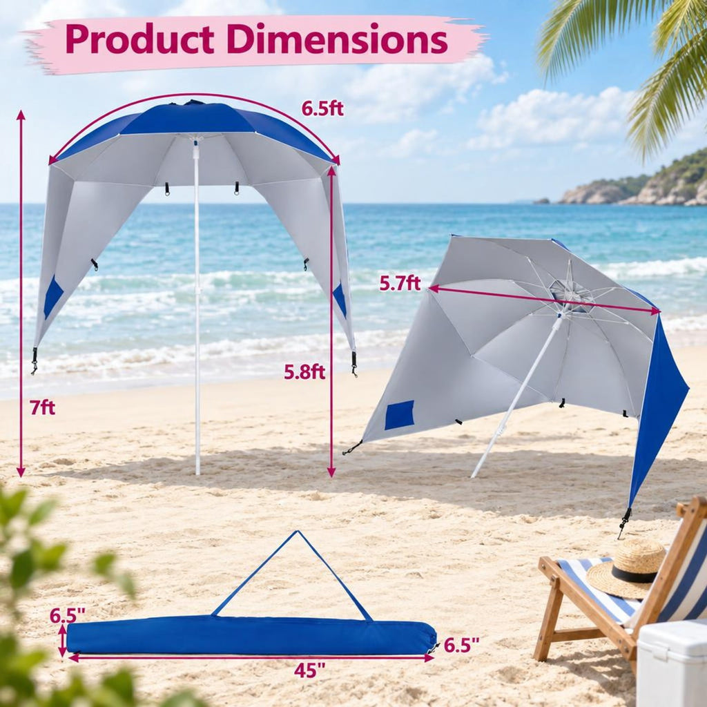 Airfind 2-in-1 Beach Shelter Umbrella UPF 50+ with Side Panels for Camping Picnic, Oxford Cloth Fiberglass Pole Metal PP Frame, Blue