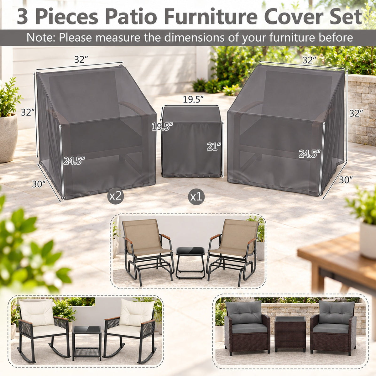 Airfind Patio Furniture Covers Waterproof Outdoor Conversation Covers for 3 Pieces Bistro Set, Polyester PU Frame, 32 x 30 x 24.5 Footprint, Gray