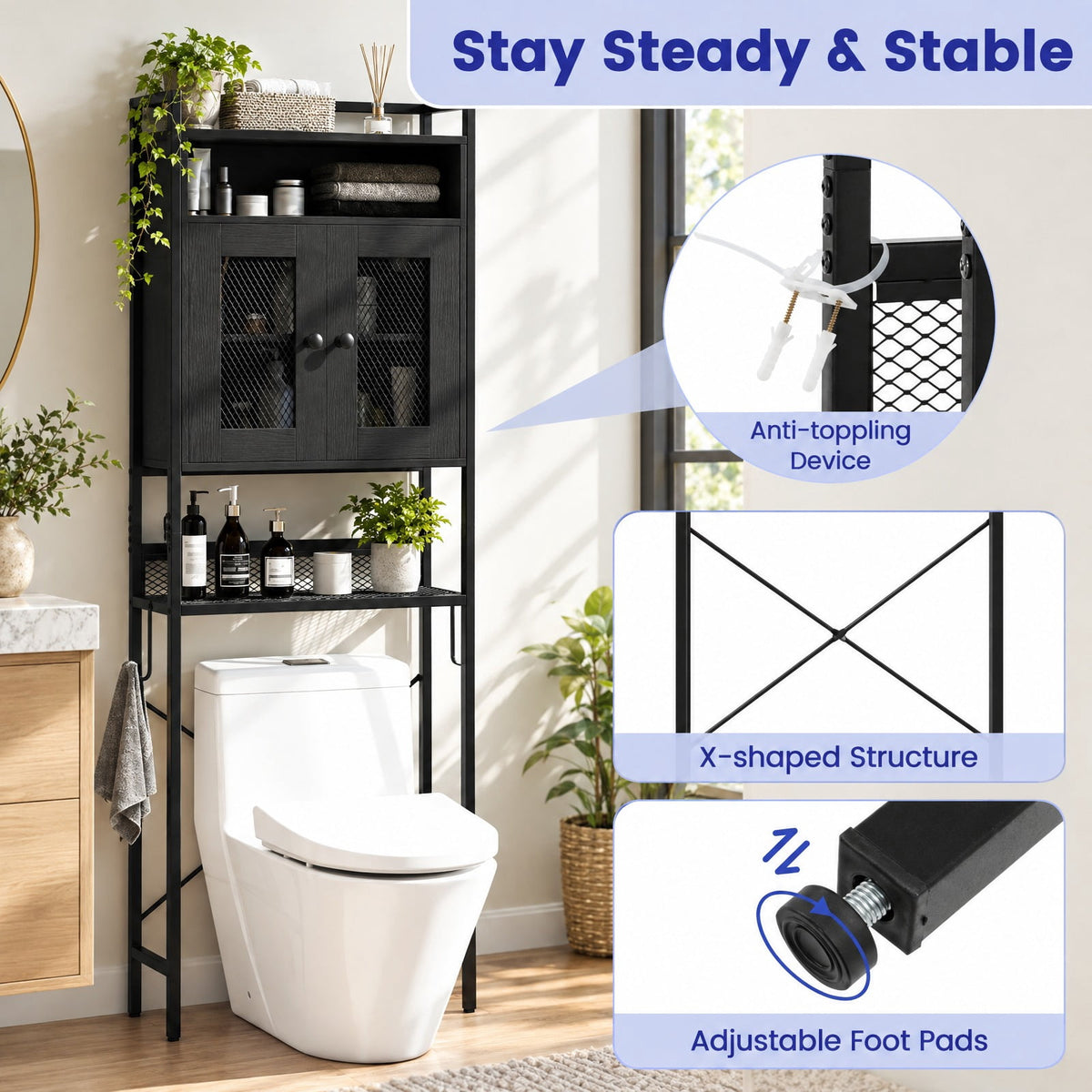 Airfind Over-the-toilet Storage Cabinet featuring Heavy-duty Metal Frame 2-door Freestanding, Engineered Wood Metal Frame, Black