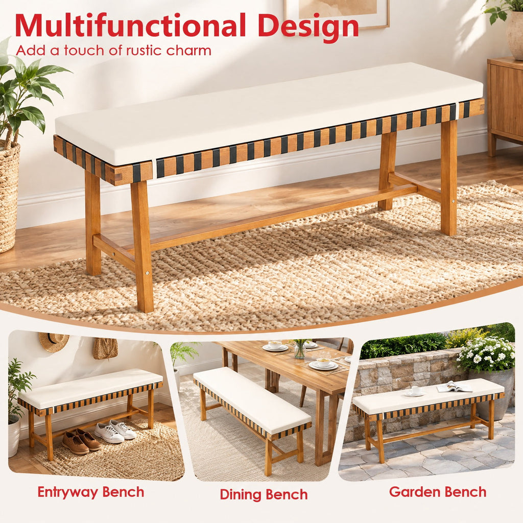 Airfind 48 inch Acacia Wood Outdoor Bench with Thick Padded Seat Cushion, 800 lbs Capacity, Acacia Wood Weaving Ropes Polyester Fabric Sponge Frame